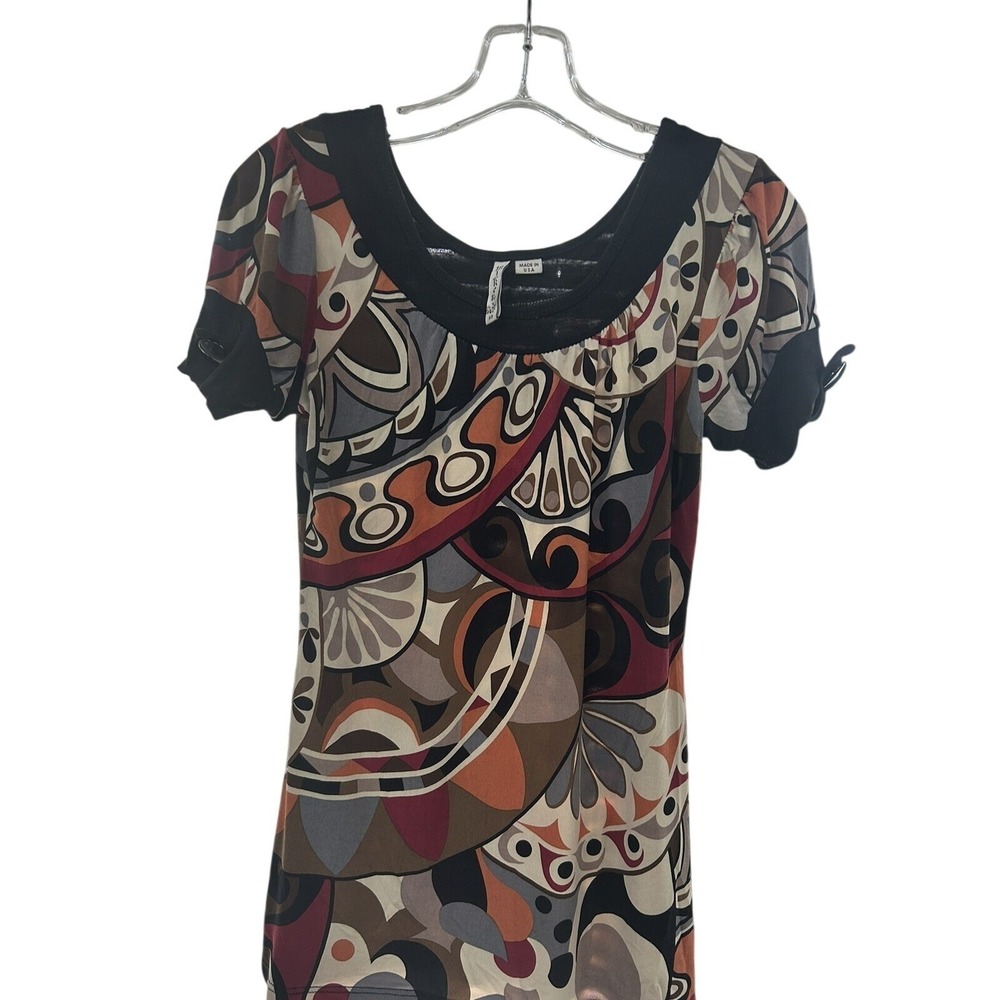 Miken Womens XS Retro Abstract Geometric Print Scoop Neck Puff Sleeve Blouse Top